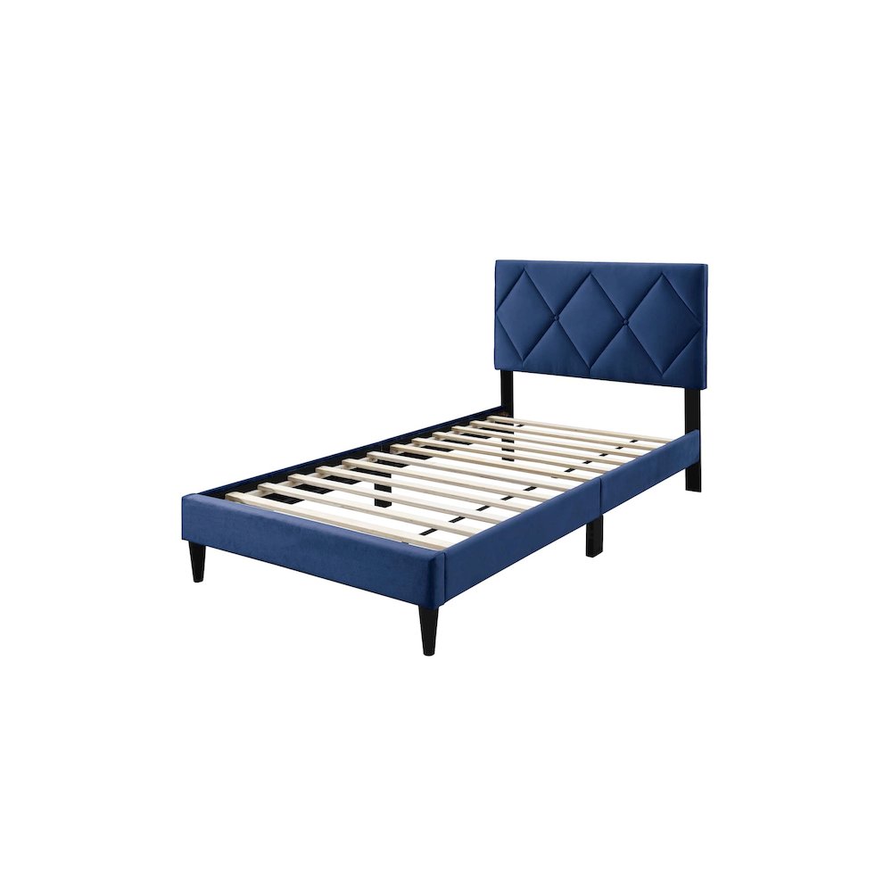 Adjustable Diamond Tufted Headboard Twin Bed Frame in Navy Blue Velvet. Picture 1