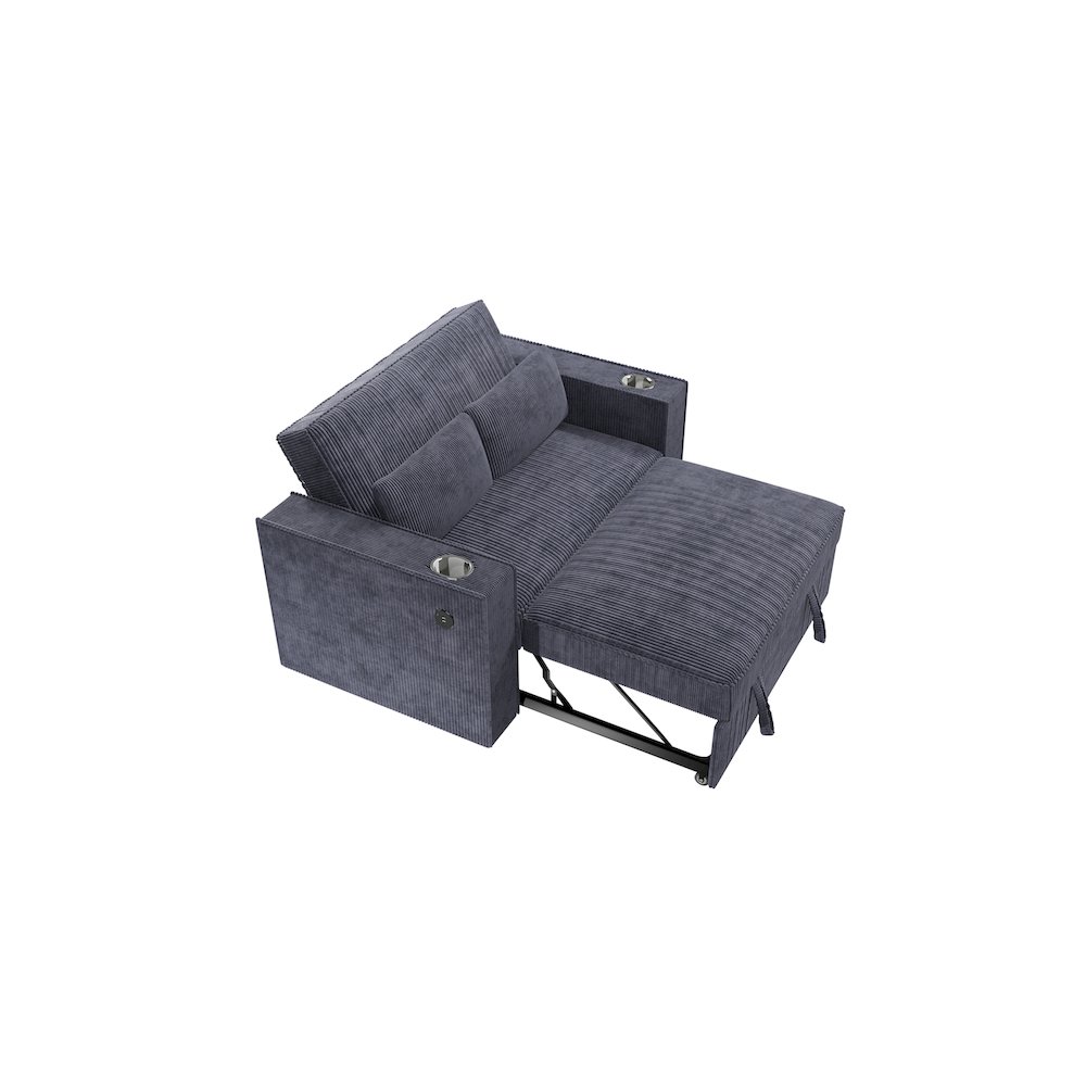 Upholstered Corduroy Convertible Sofa with Cupholders in Dark Gray. Picture 2