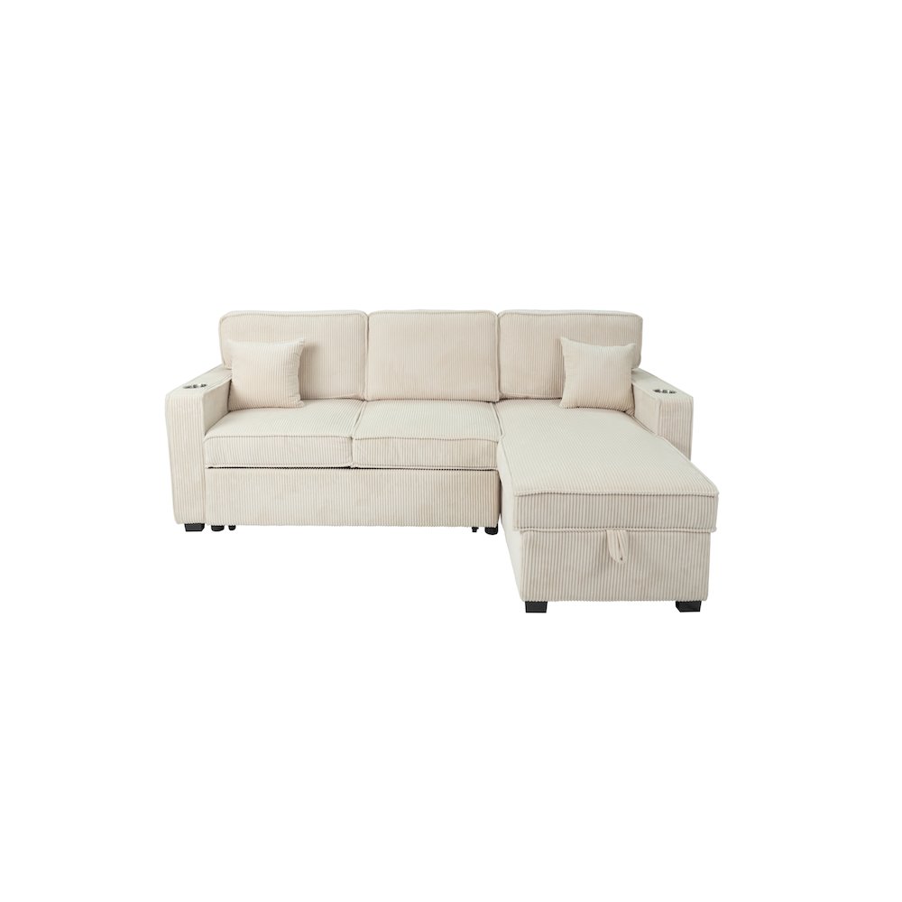 Upholstered Corduroy Reversible Storage Chaise Convertible Sectional in Beige. Picture 1