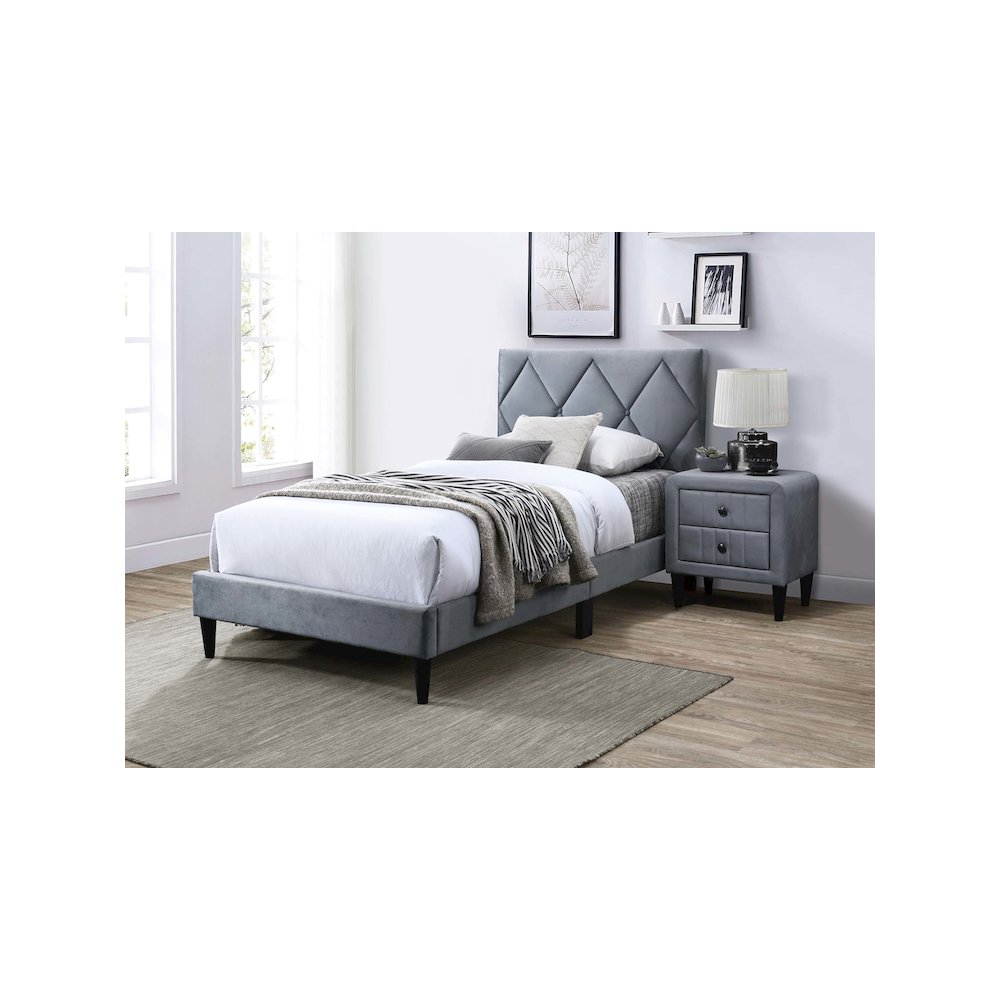 Adjustable Diamond Tufted Headboard Twin Bed Frame in Gray Velvet. Picture 4