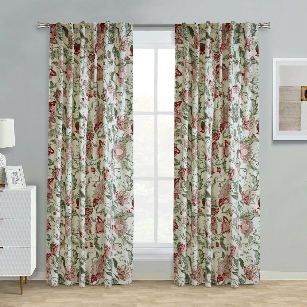 Jacobean Garden Light Filtering Dual Header Curtain Panel 52 x 72 in Red. Picture 5