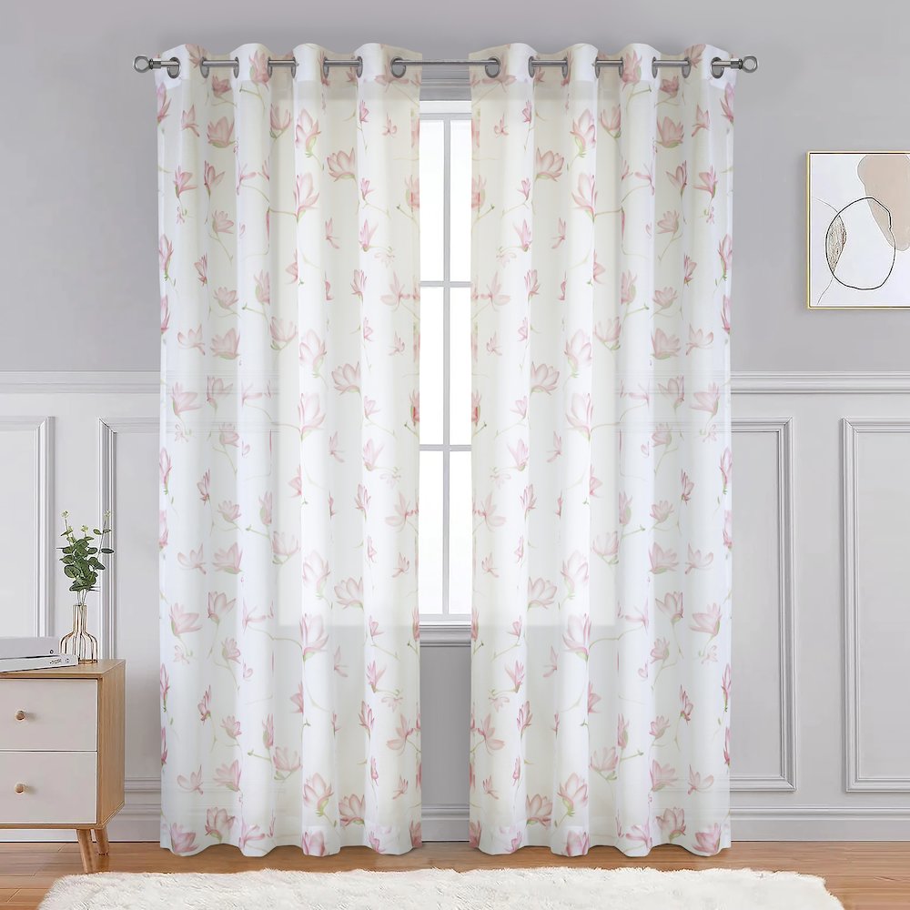 Magnolia Light Filtering Grommet Curtain Panel 52 x 108 in White Pink. Picture 5