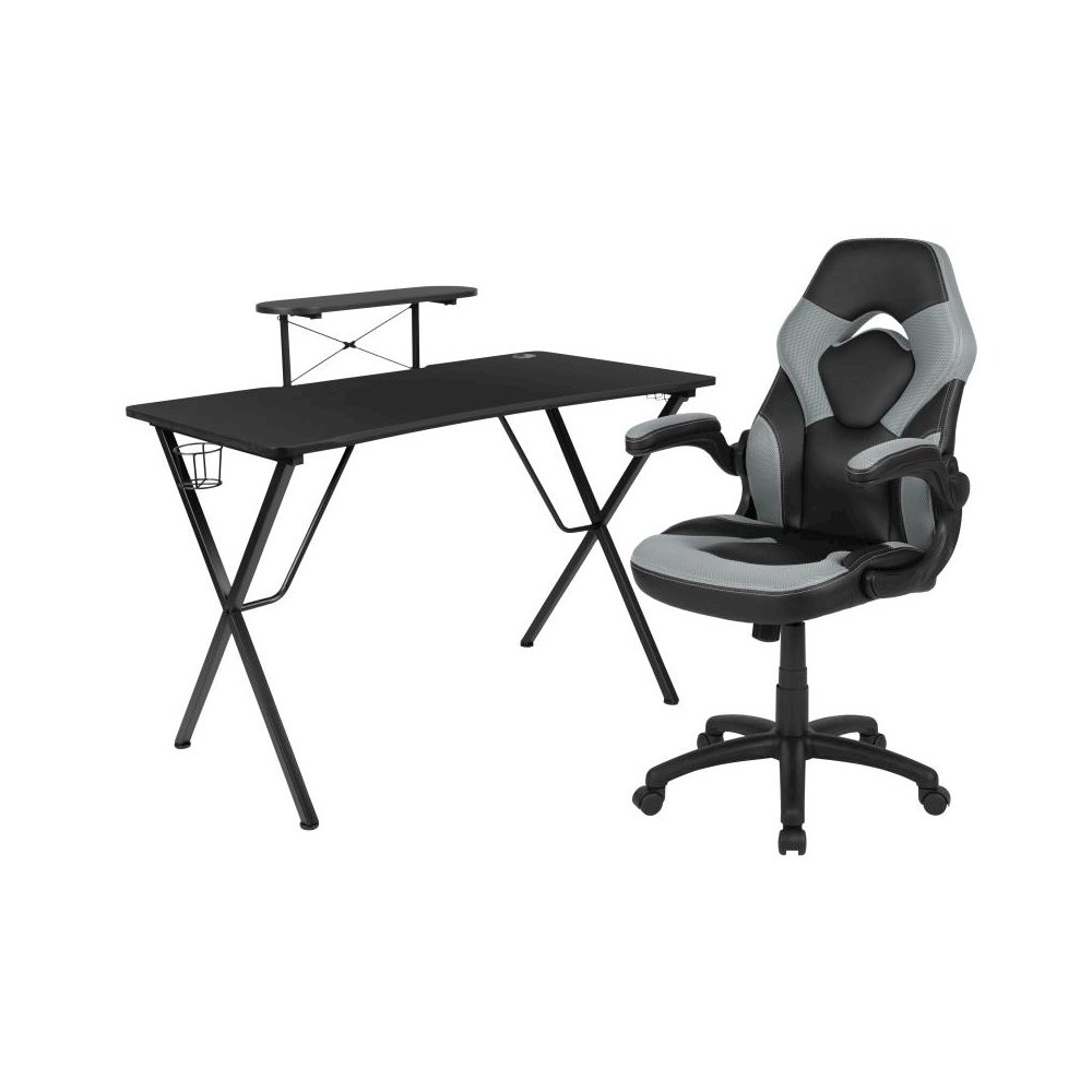 Black Gaming Desk and Gray/Black Racing Chair Set with Cup Holder, Headphone Hook, and Monitor/Smartphone Stand. Picture 1