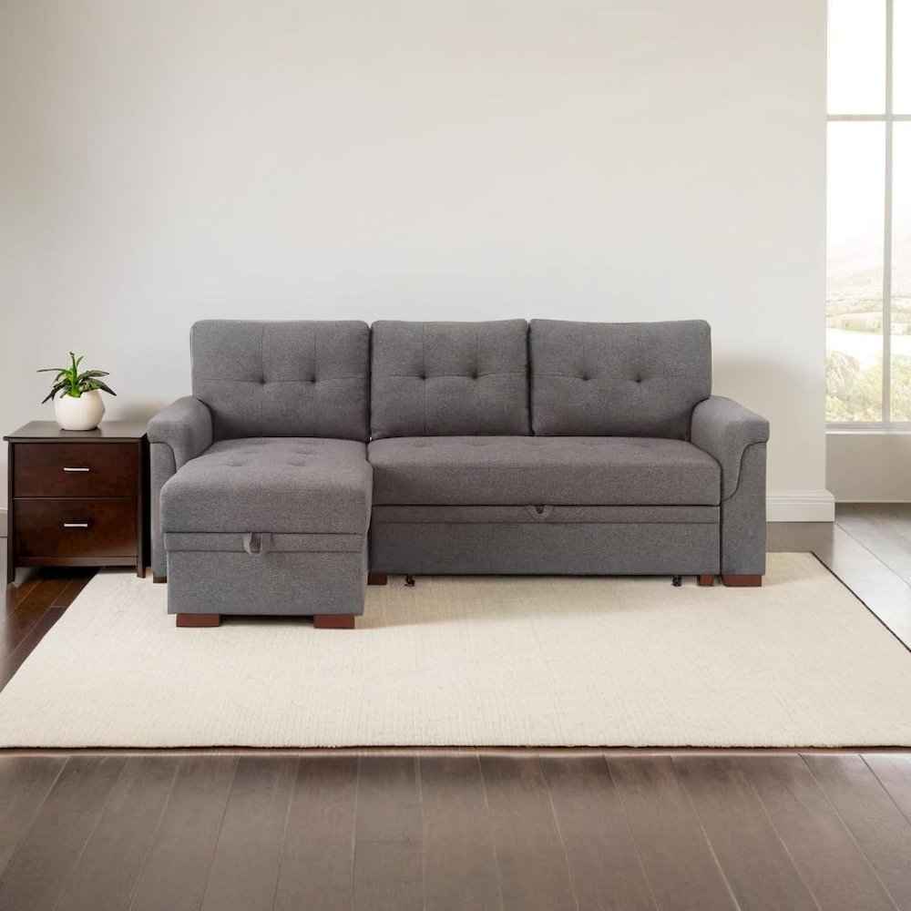 Stylish Reversible Sleeper Sectional Sofa with Storage Chaise in Dark Gray. Picture 5
