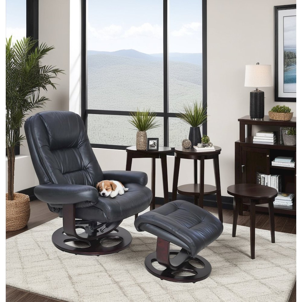 Black Leather Swivel Pedestal Recliner with Ottoman, Hardwood Plywood Frame. Picture 4