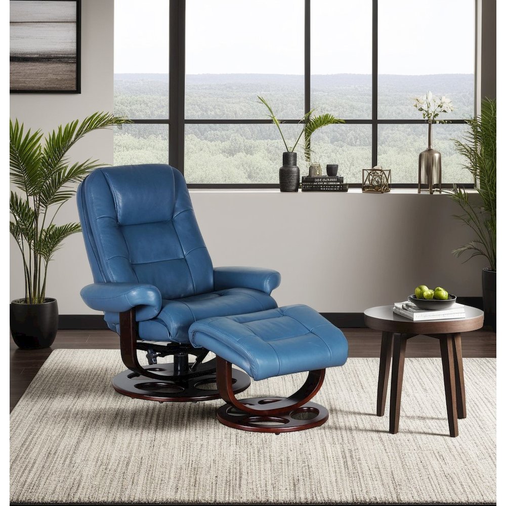 Blue Leather Swivel Recliner with Ottoman and Hardwood Plywood Base. Picture 5