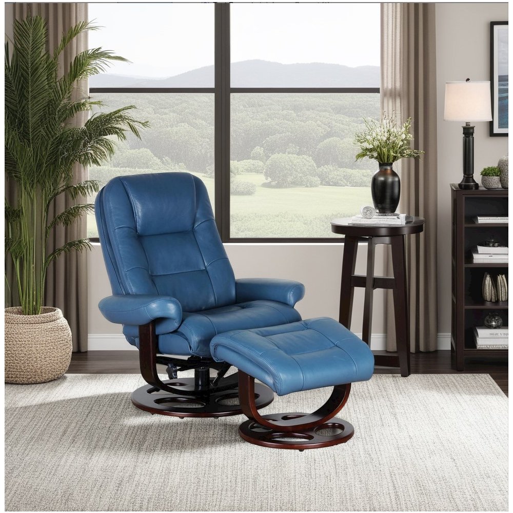 Blue Leather Swivel Recliner with Ottoman and Hardwood Plywood Base. Picture 4