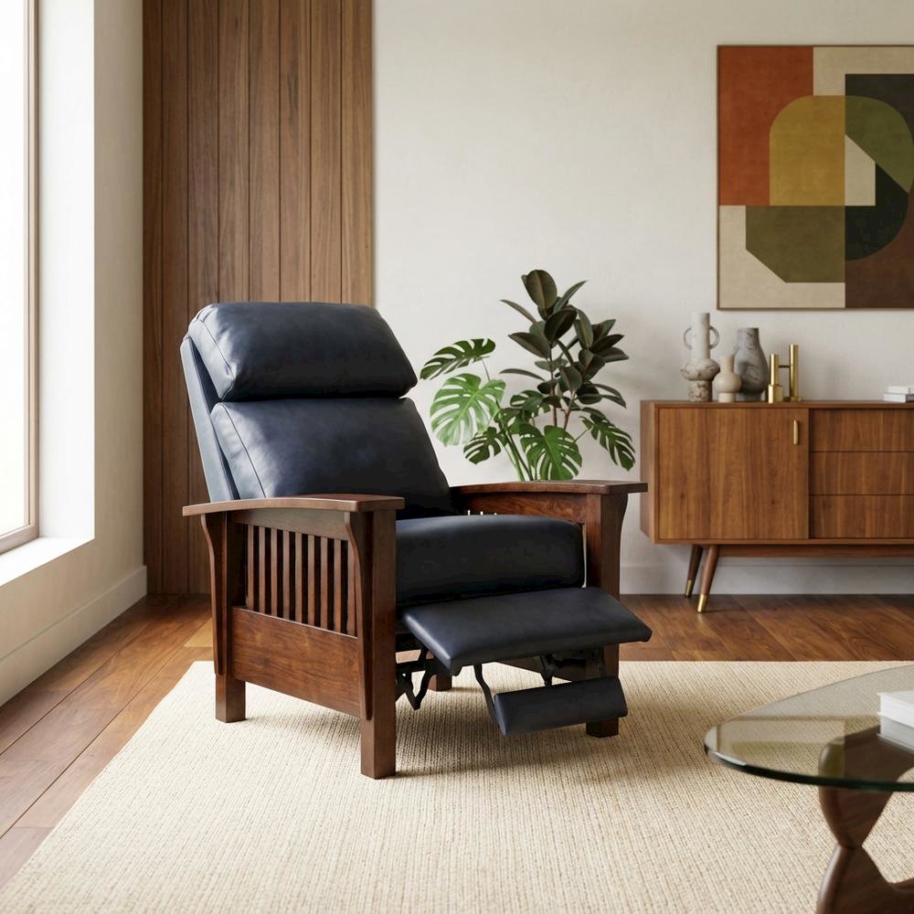 Dark Blue Leather Reclining Chair with Wood Arms and Manual Recliner. Picture 2