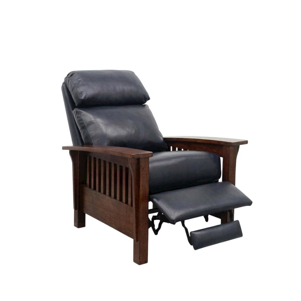 Dark Blue Leather Reclining Chair with Wood Arms and Manual Recliner. Picture 1