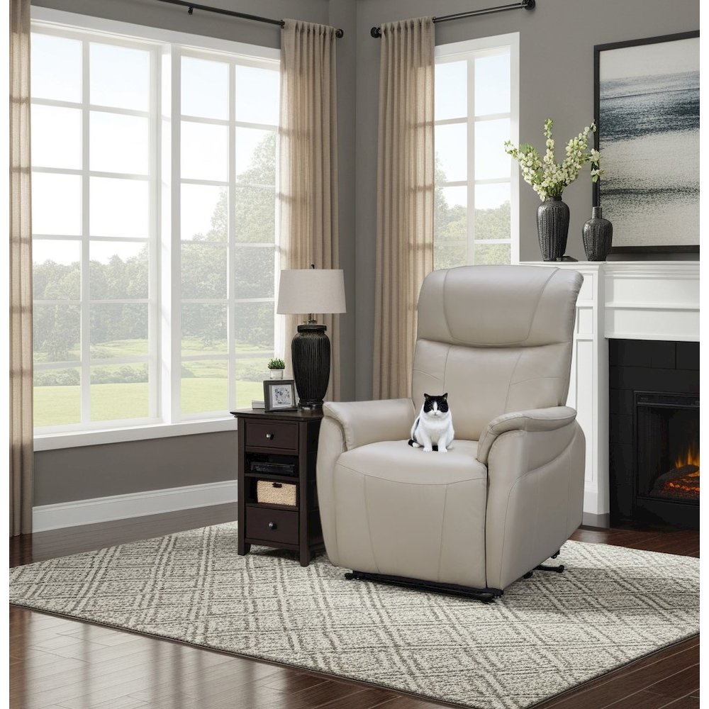 Beige Leather Power Lift Recliner with Power Head Rest & Lumbar Support. Picture 4