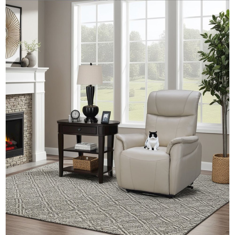 Beige Leather Power Lift Recliner with Power Head Rest & Lumbar Support. Picture 5