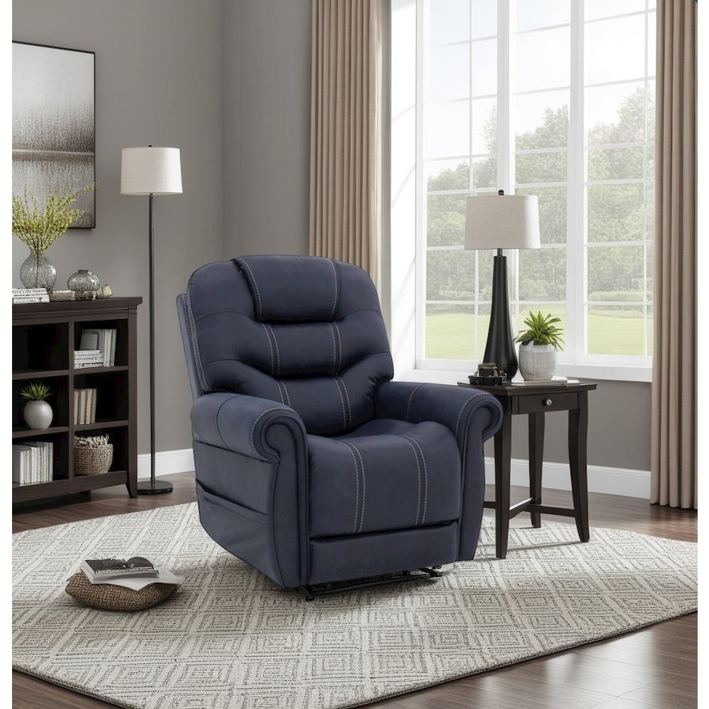 Blue Power Recliner with Adjustable Headrest, Lumbar Support, and Heat. Picture 3