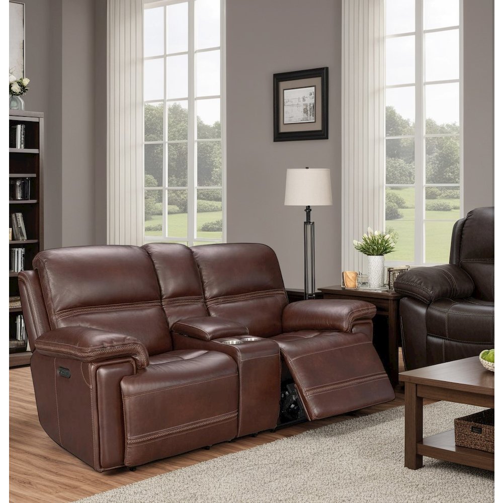Brown Leather Power Reclining Console Loveseat with Power Headrests and Comfort. Picture 4
