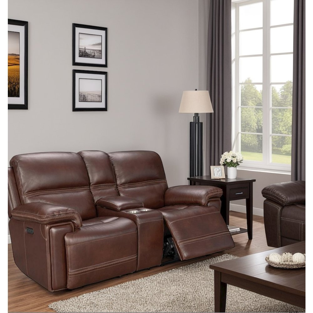 Brown Leather Power Reclining Console Loveseat with Power Headrests and Comfort. Picture 5