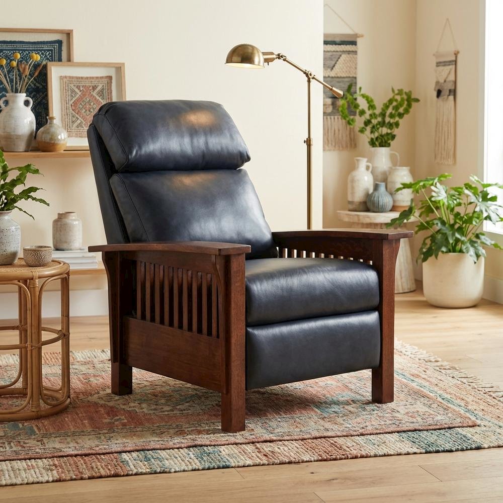 Dark Blue Leather Reclining Chair with Wood Arms and Manual Recliner. Picture 3