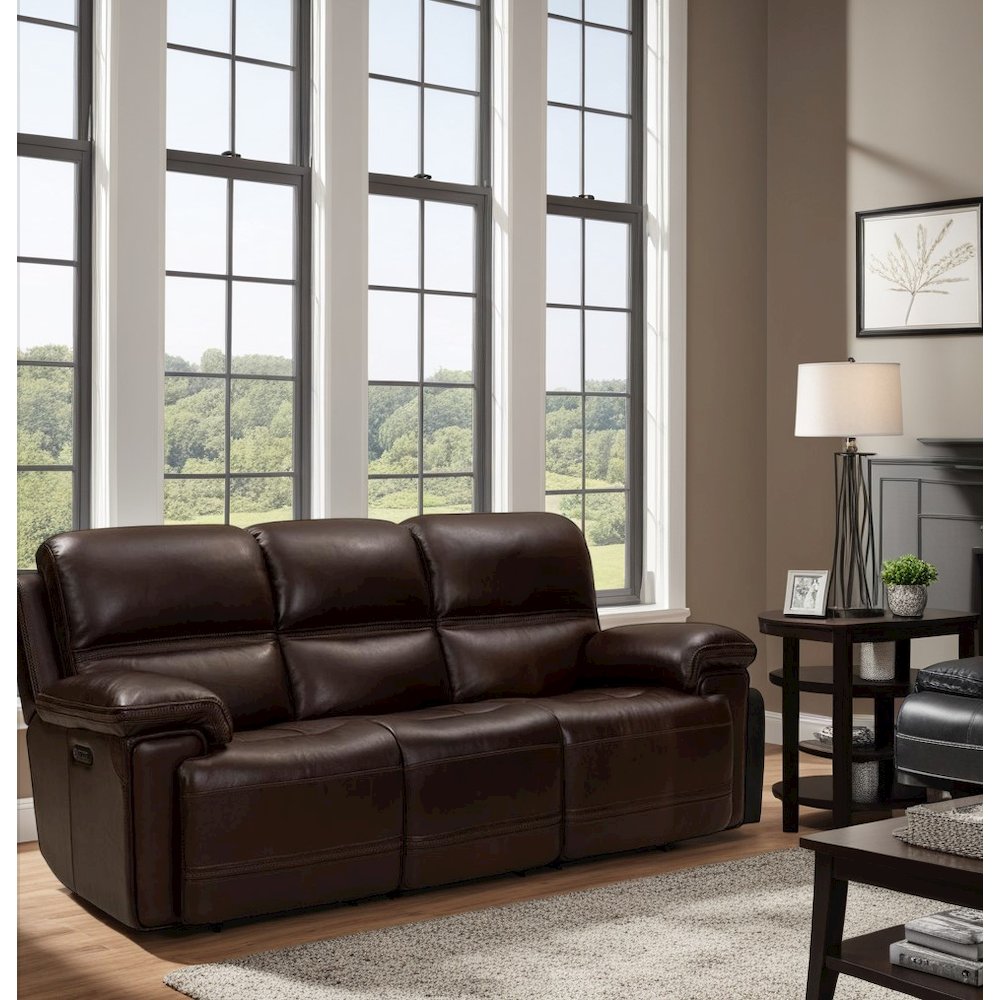 Brown Leather Power Reclining Sofa with Adjustable Headrests and Comfort. Picture 5