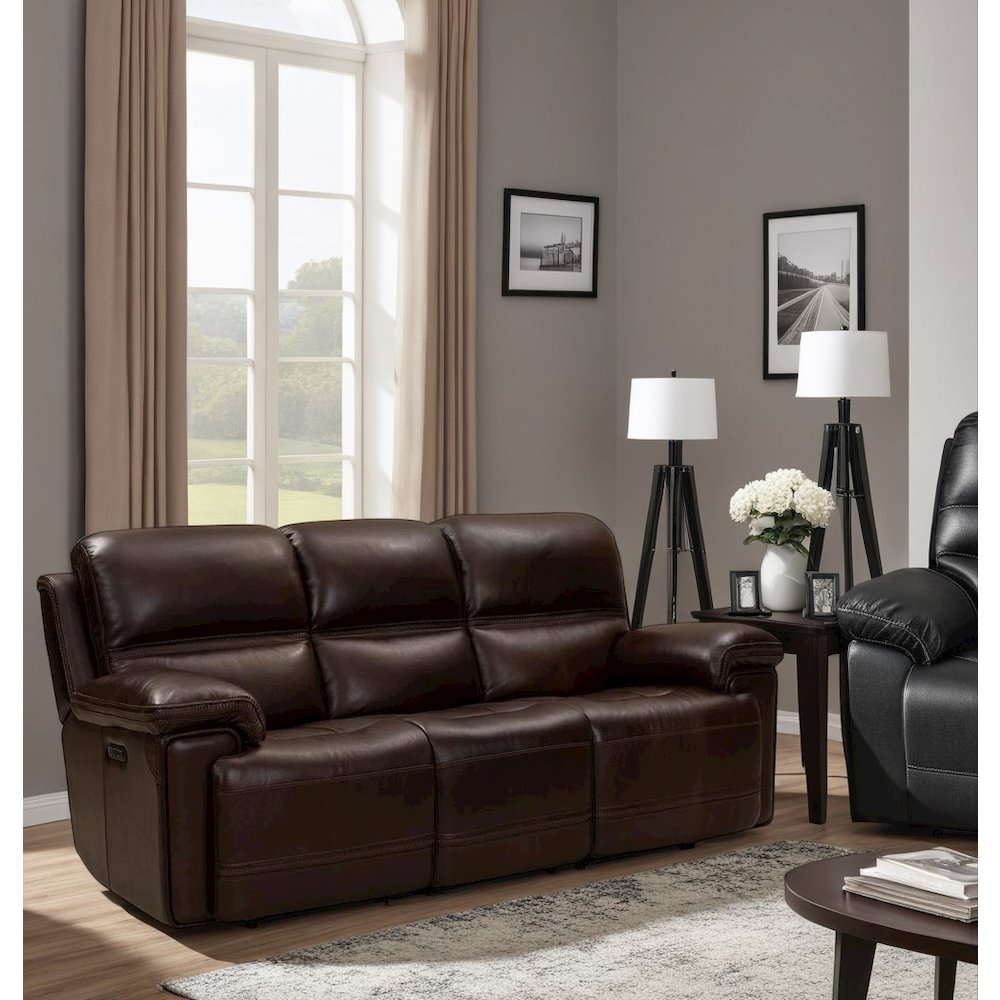 Brown Leather Power Reclining Sofa with Adjustable Headrests and Comfort. Picture 4