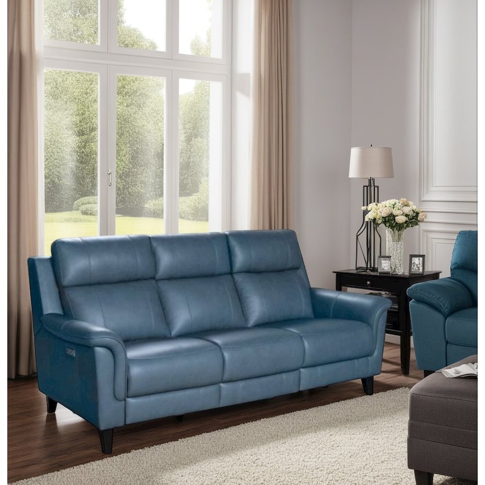 Blue Leather Power Reclining Sofa with Power Headrests and Hardwood Frame. Picture 4