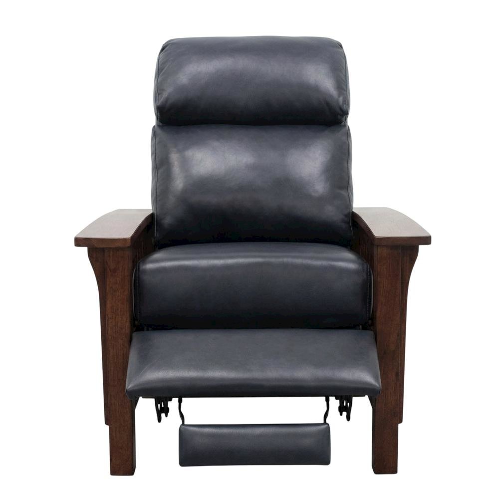 Dark Blue Leather Reclining Chair with Wood Arms and Manual Recliner. Picture 4