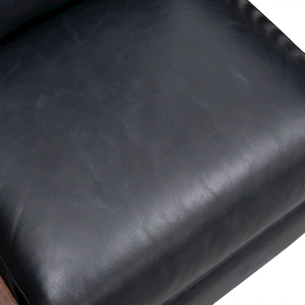 Dark Blue Leather Reclining Chair with Wood Arms and Manual Recliner. Picture 5