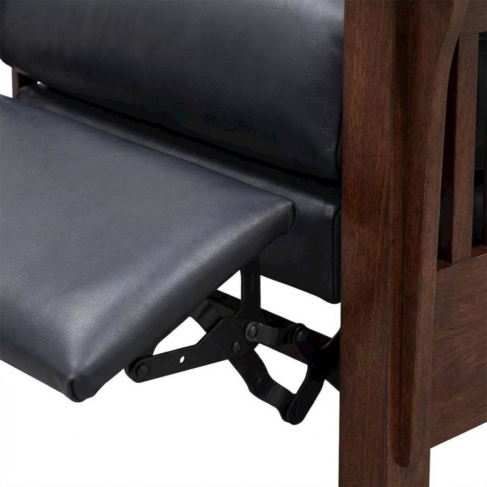 Dark Blue Leather Reclining Chair with Wood Arms and Manual Recliner. Picture 6