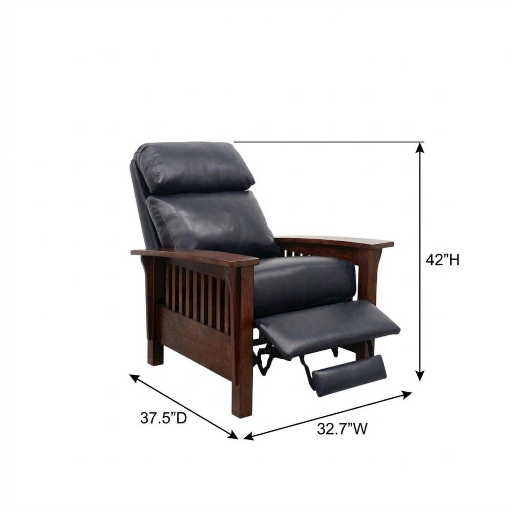 Dark Blue Leather Reclining Chair with Wood Arms and Manual Recliner. Picture 7