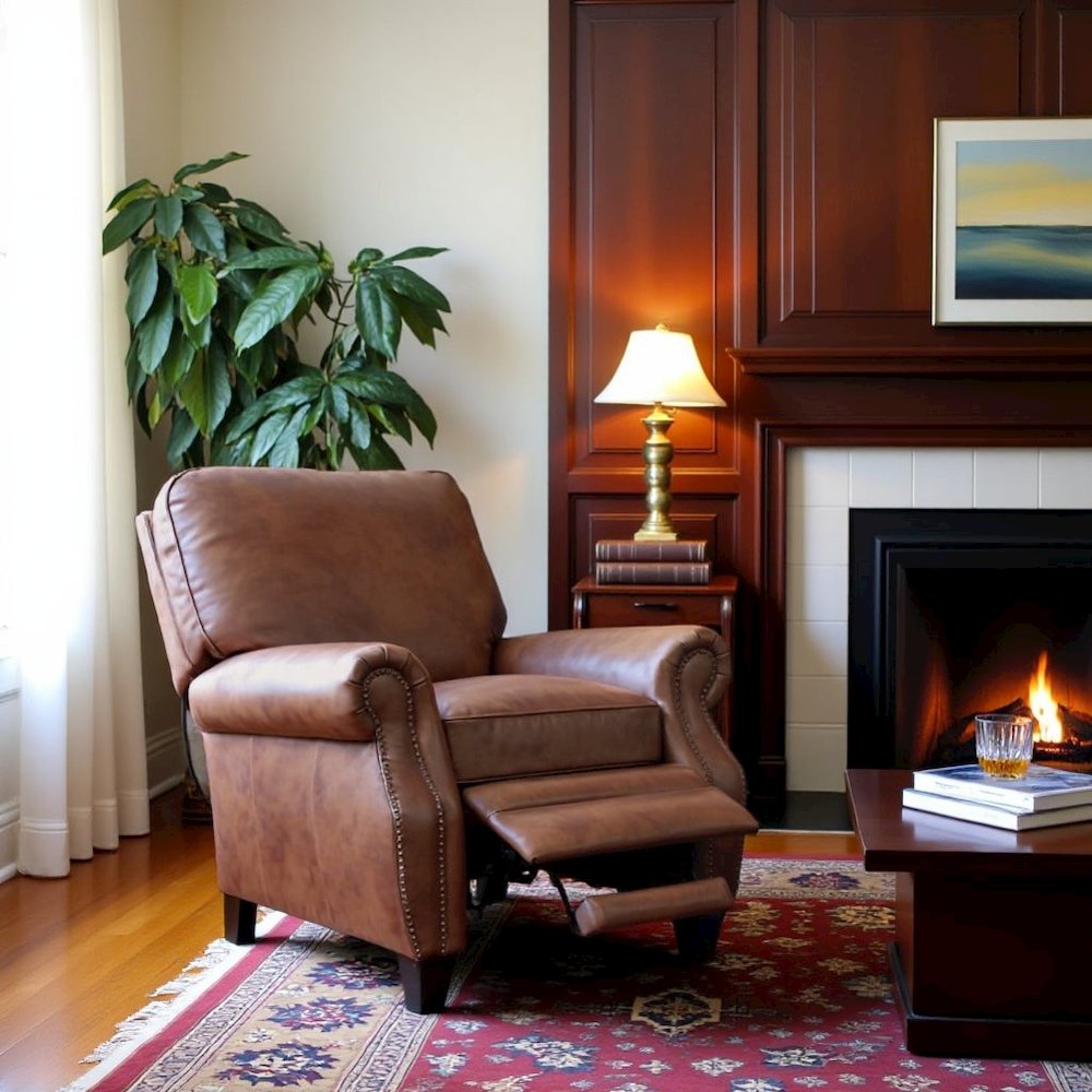 Brown Leather Mid Century Recliner Chair with Footrest Extension. Picture 2