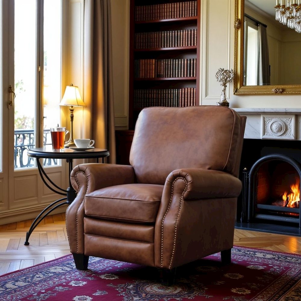 Brown Leather Mid Century Recliner Chair with Footrest Extension. Picture 3
