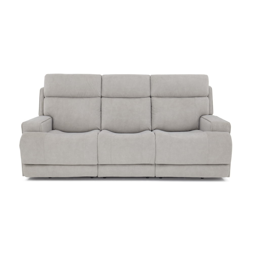 Gray Leather Power Reclining Sofa with Adjustable Headrests and Comfort. Picture 2