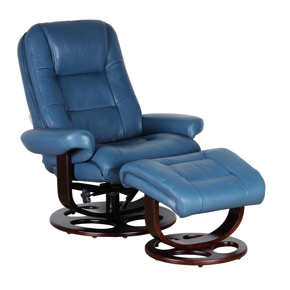 Blue Leather Swivel Recliner with Ottoman and Hardwood Plywood Base. Picture 1