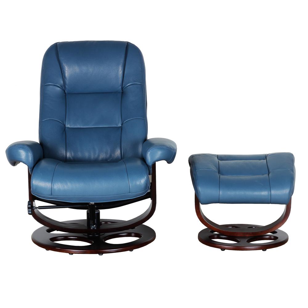 Blue Leather Swivel Recliner with Ottoman and Hardwood Plywood Base. Picture 2