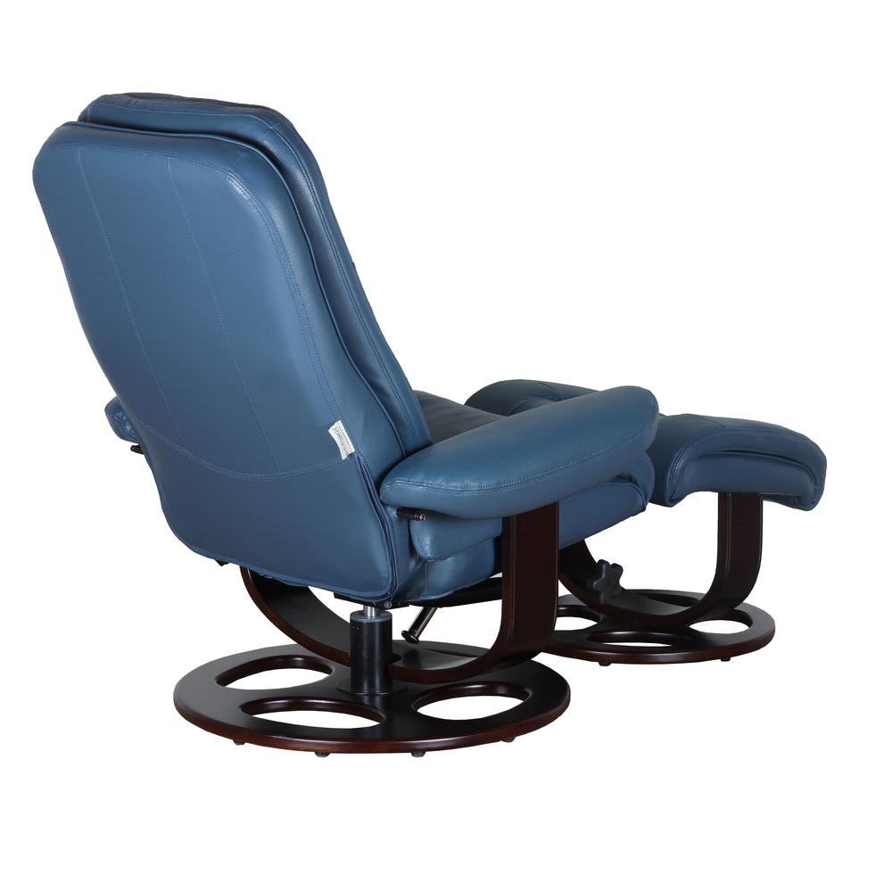 Blue Leather Swivel Recliner with Ottoman and Hardwood Plywood Base. Picture 3