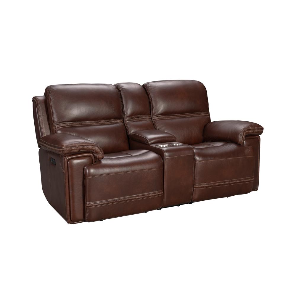 Brown Leather Power Reclining Console Loveseat with Power Headrests and Comfort. Picture 1