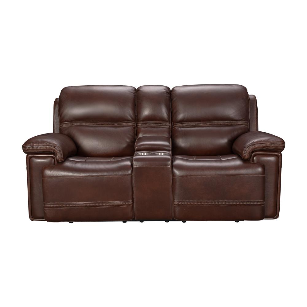 Brown Leather Power Reclining Console Loveseat with Power Headrests and Comfort. Picture 3