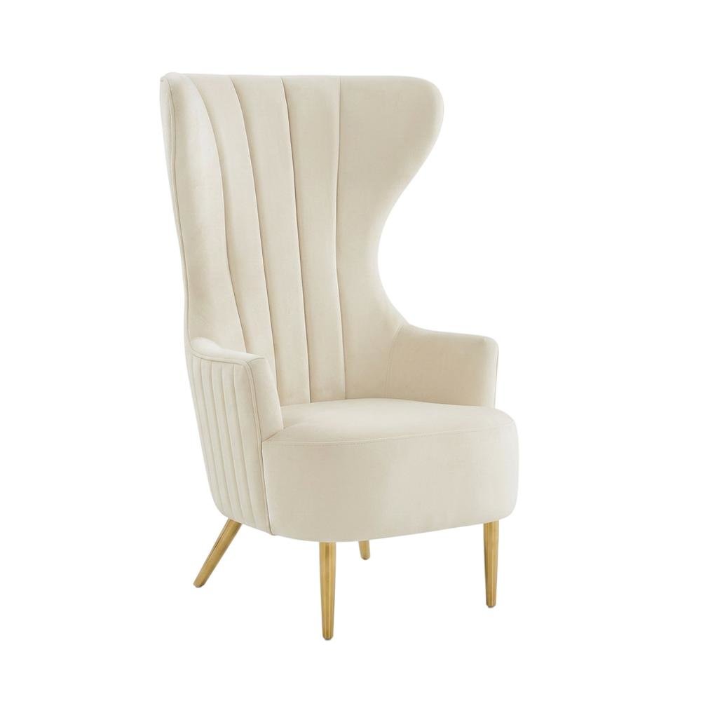 Beige Velvet Wingback Chair With Gold Frame And Channel Tufted Back. Picture 1