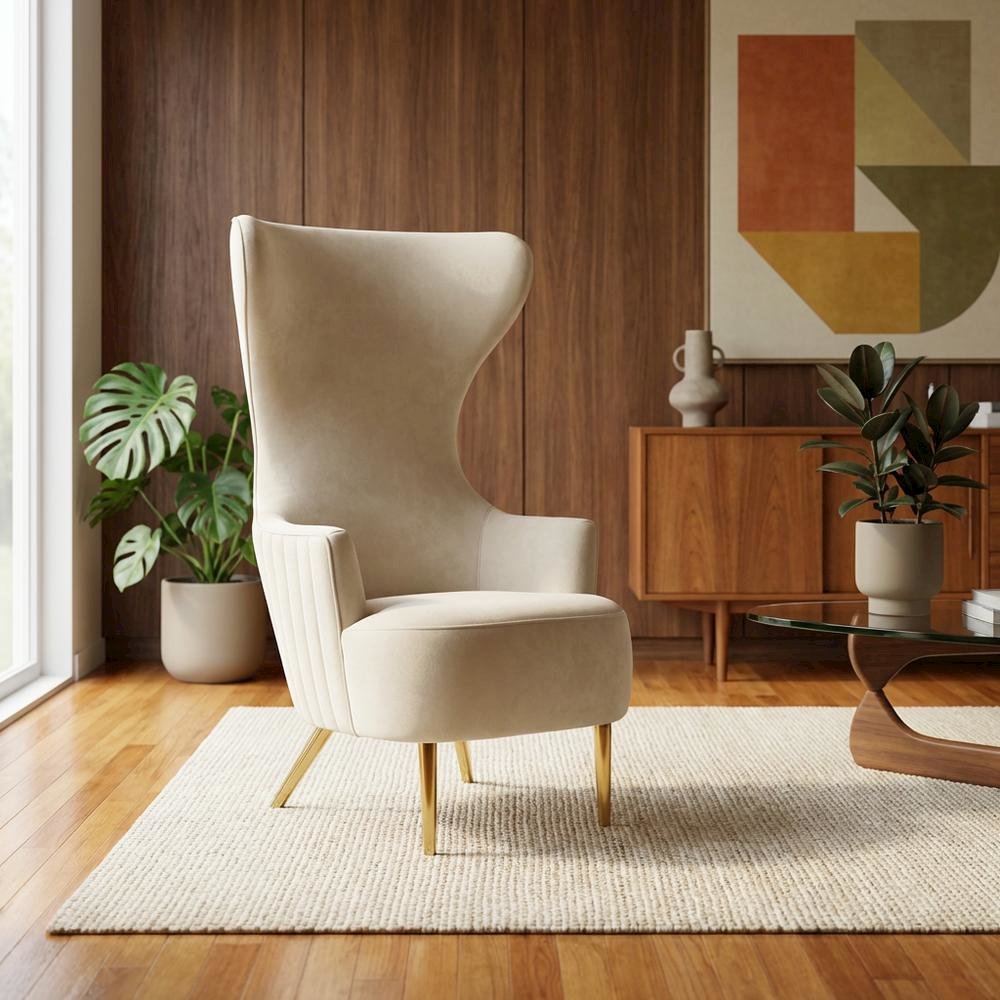 Beige Velvet Wingback Chair With Gold Frame And Channel Tufted Back. Picture 2