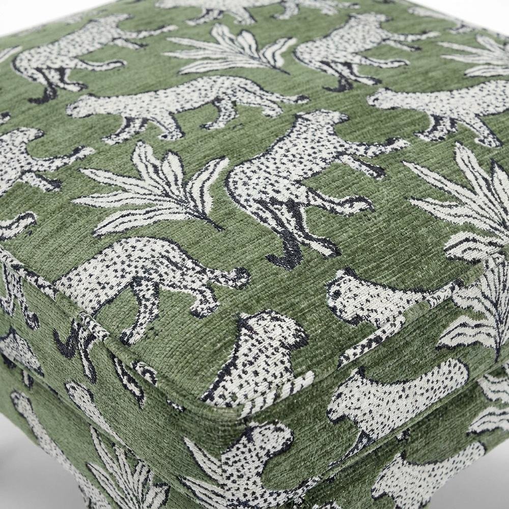 Olive Green Leopard Jacquard Ottoman, Bold Patterned Statement Seat. Picture 6