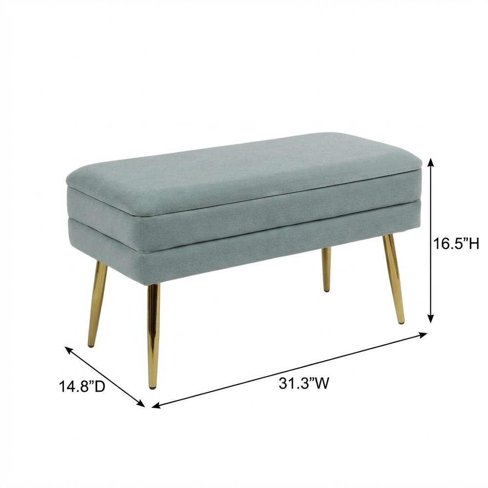Sea Blue Velvet Storage Bench with Gold Leg Detailing for Living Room. Picture 9