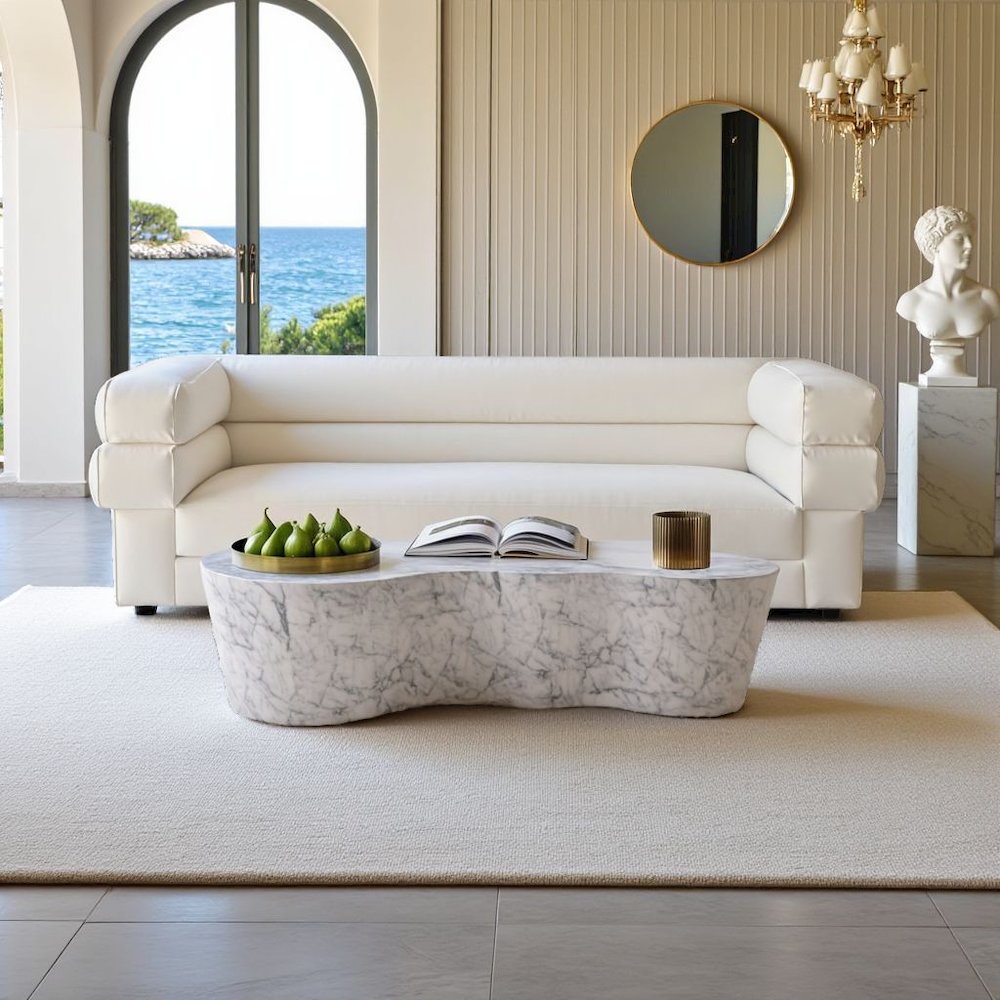 Modern White Stone Coffee Table with Marble Veneer Concrete Finish. Picture 3