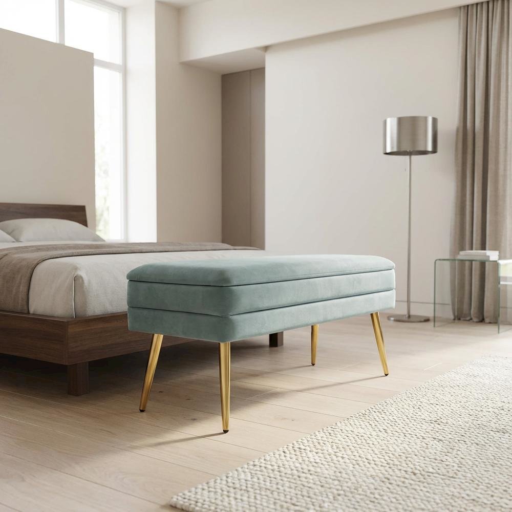 Sea Blue Velvet Storage Bench with Gold Leg Detailing for Living Room. Picture 10