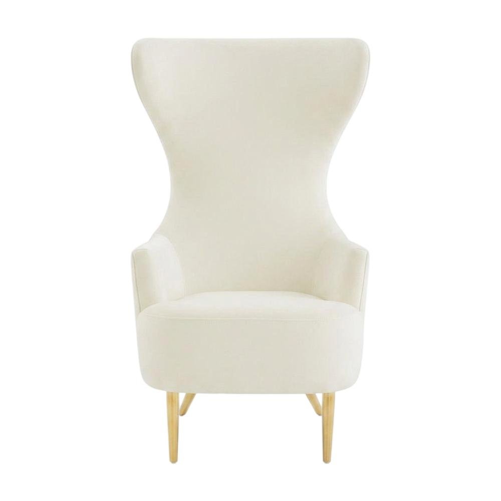 Beige Velvet Wingback Chair With Gold Frame And Channel Tufted Back. Picture 4