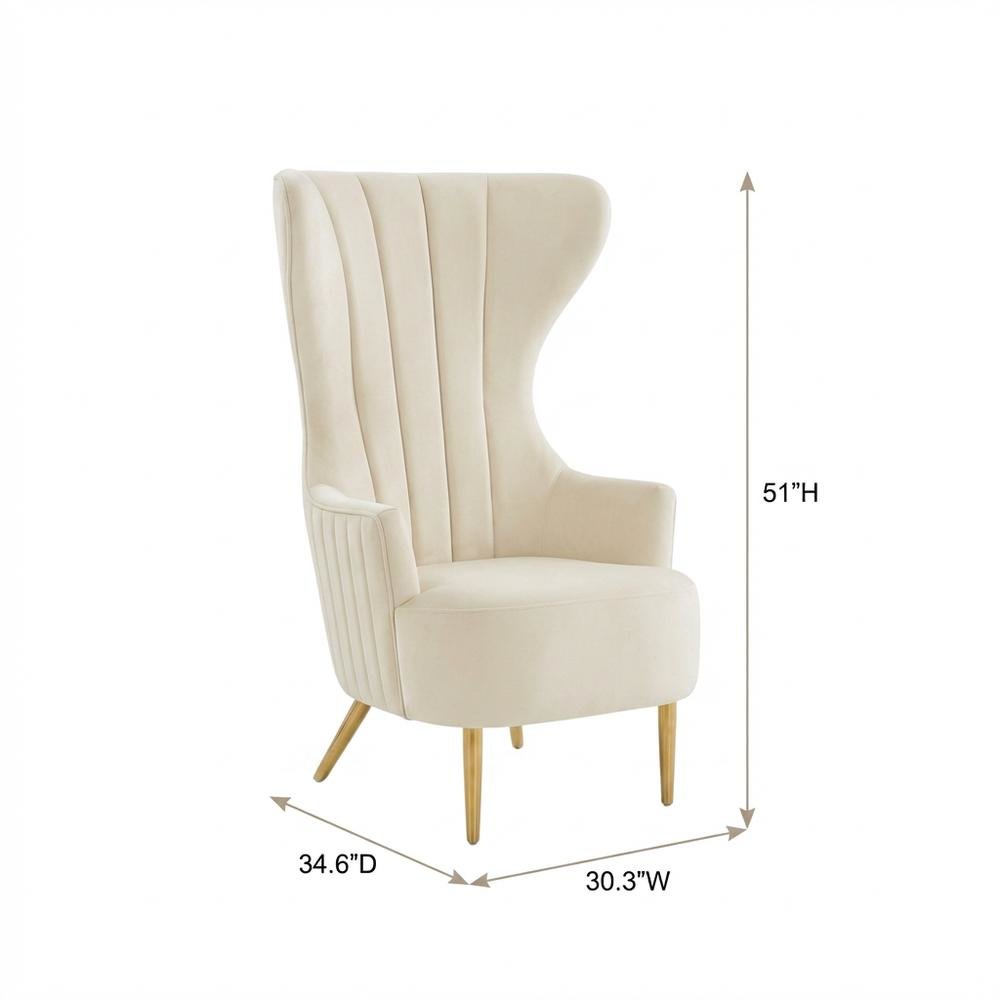 Beige Velvet Wingback Chair With Gold Frame And Channel Tufted Back. Picture 7