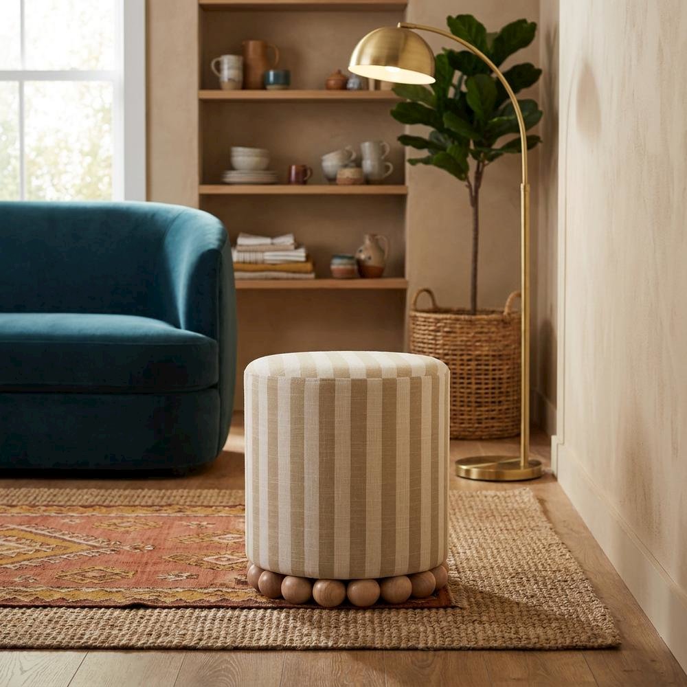 Beige Striped Linen Ottoman, Casual Textured Accent Seat. Picture 3