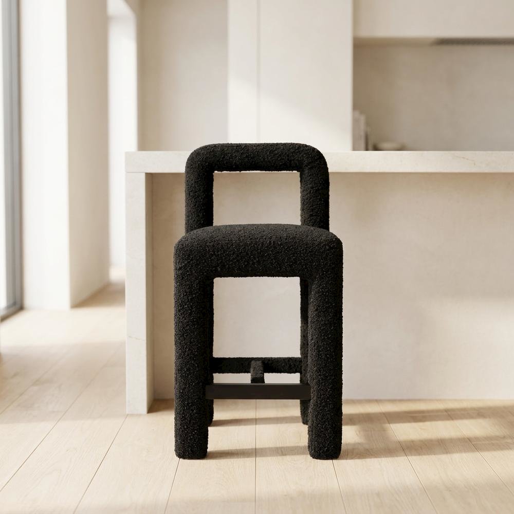 Black Boucle Counter Stool with Modern Design and Comfortable Seat. Picture 2