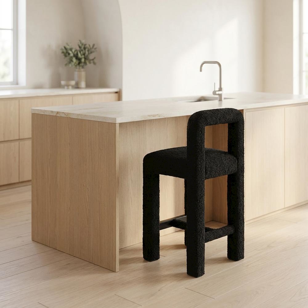 Black Boucle Counter Stool with Modern Design and Comfortable Seat. Picture 4