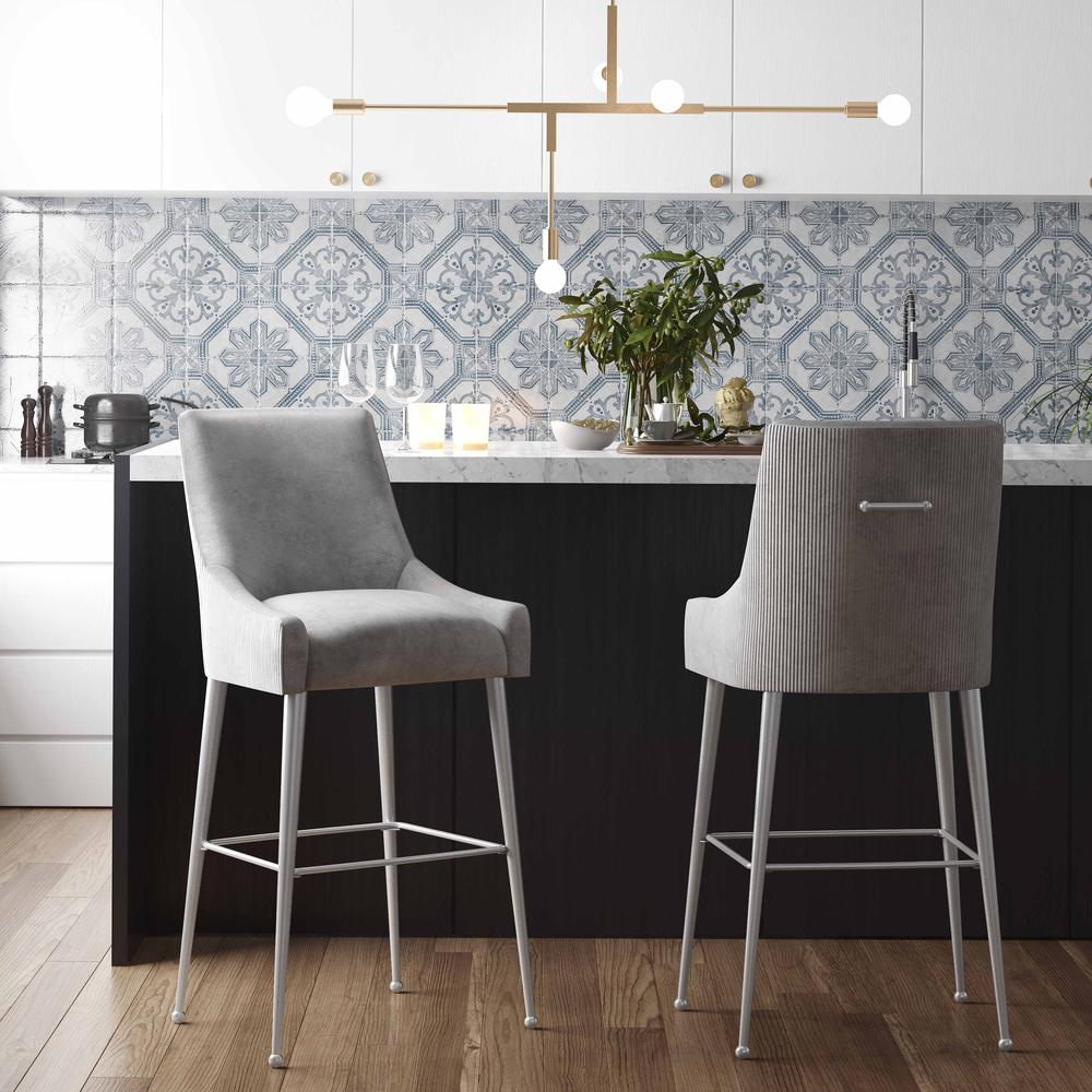 Beatrix Pleated Light Grey Velvet Bar Stool. Picture 9