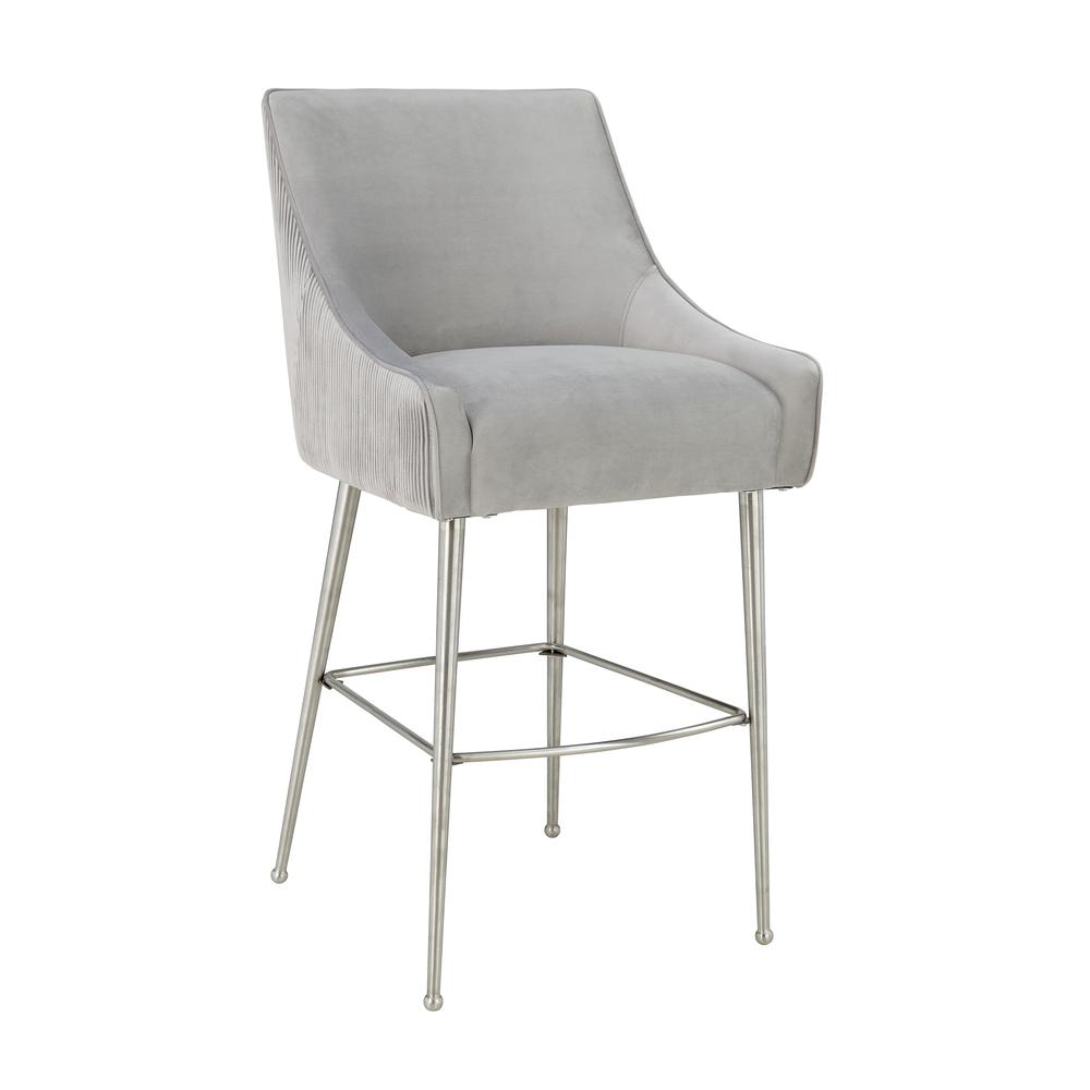 Beatrix Pleated Light Grey Velvet Bar Stool. Picture 1