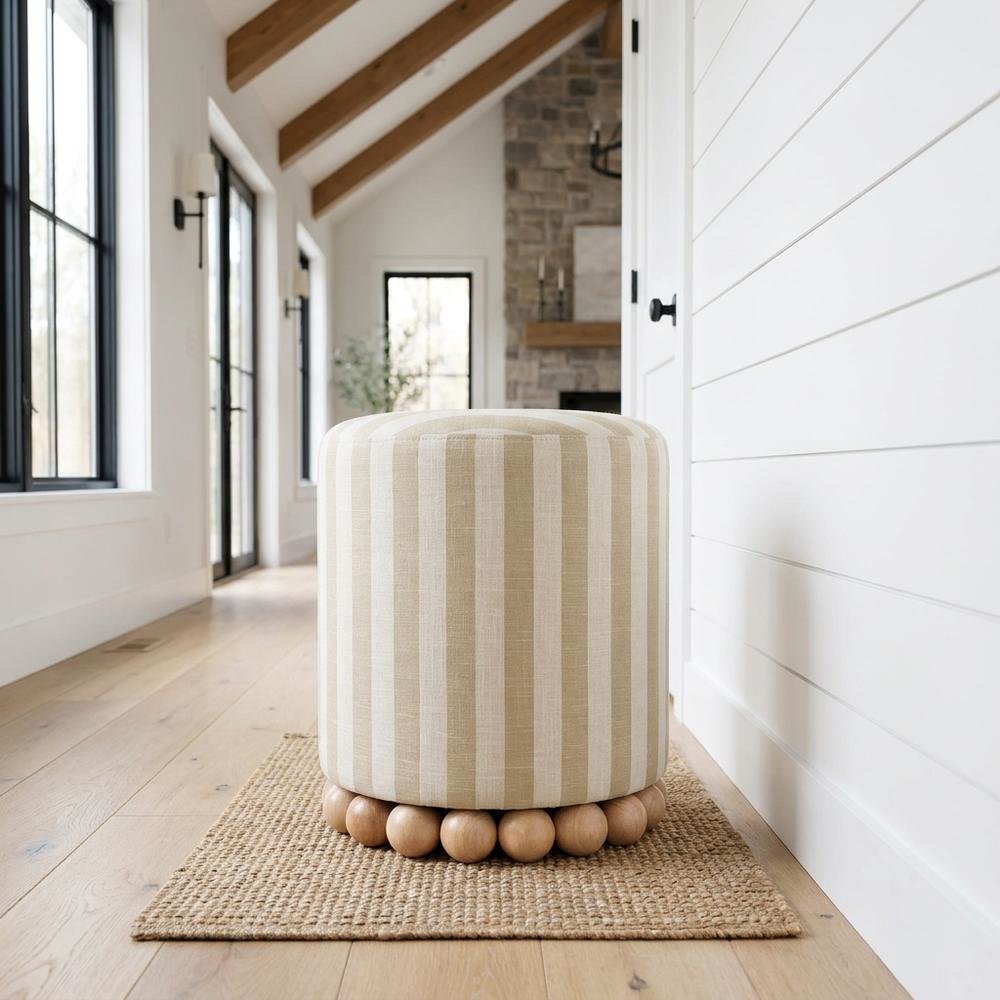 Beige Striped Linen Ottoman, Casual Textured Accent Seat. Picture 2