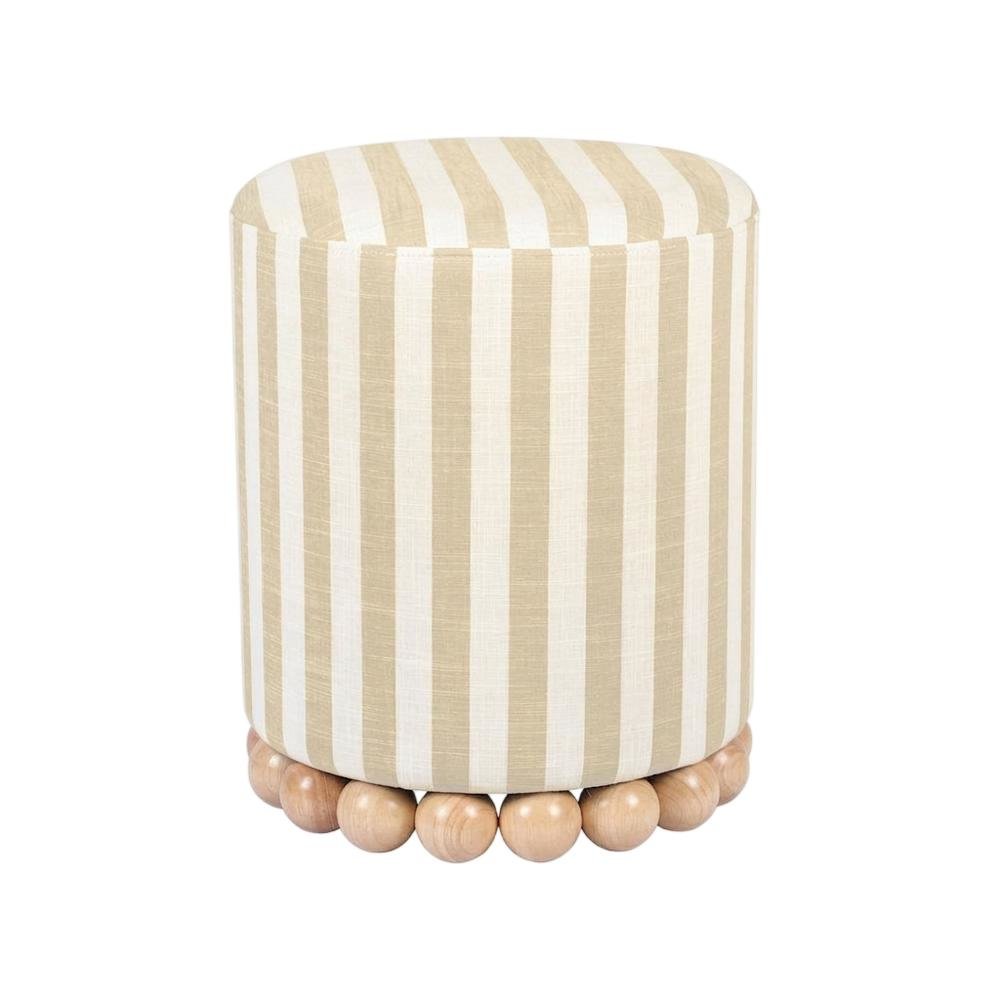 Beige Striped Linen Ottoman, Casual Textured Accent Seat. Picture 1