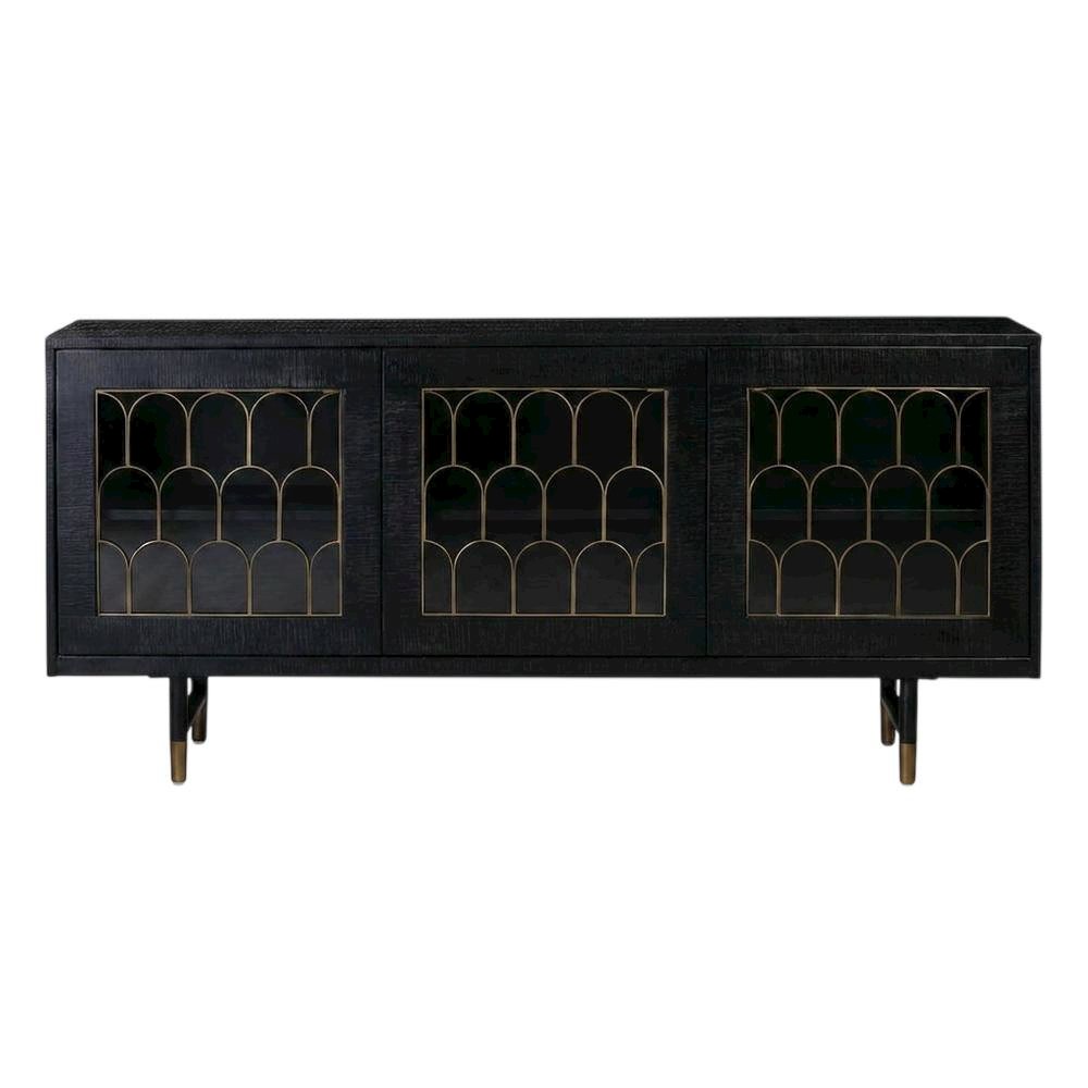 Acacia Wood Buffet Cabinet with Storage, Sideboard and Iron Legs, Black. Picture 1